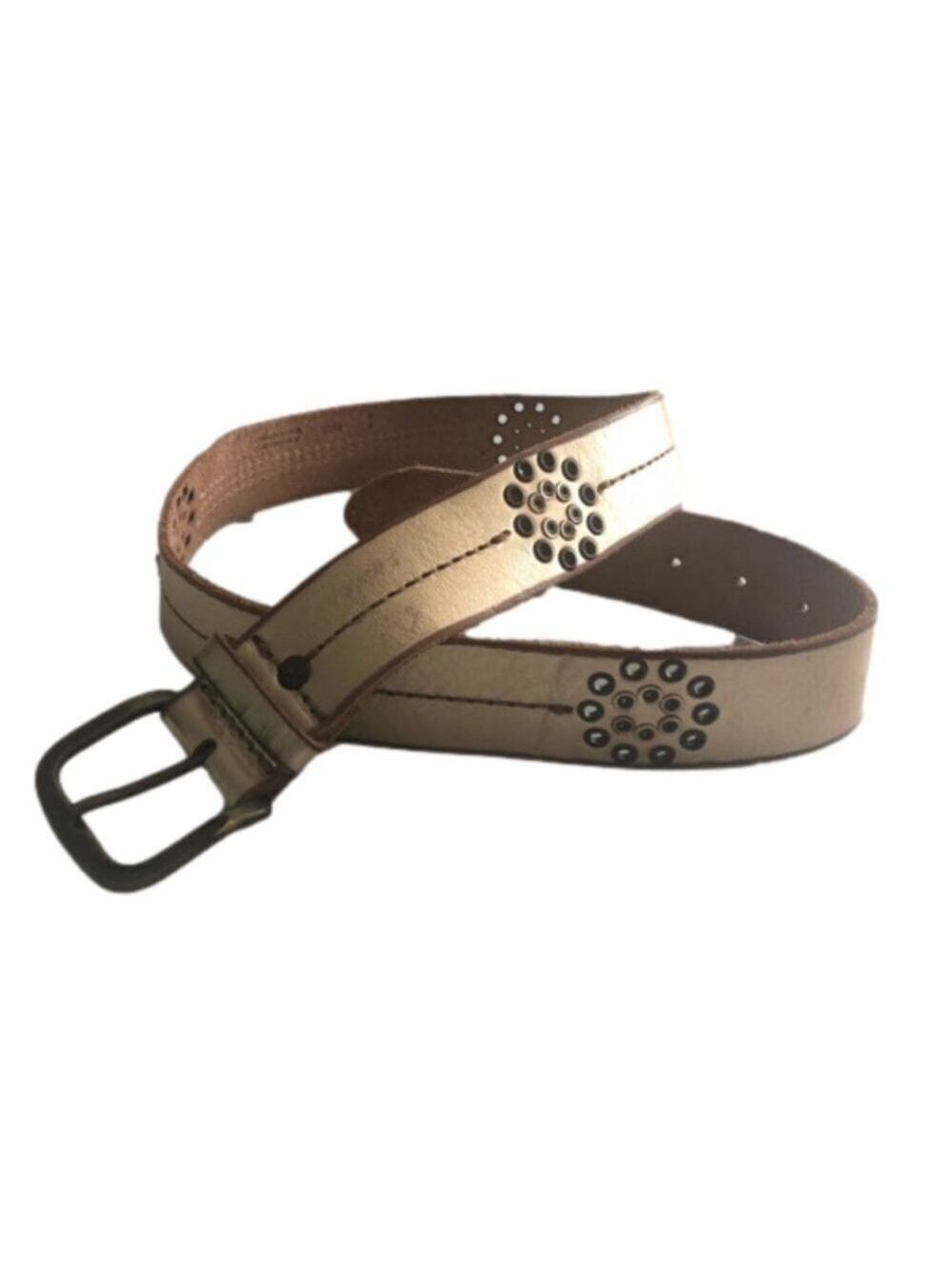 American Eagle Size M gold leather belt decorative stitching and grommets.
